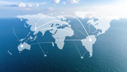 Global Connectivity - World Map Overlay on Ocean with Network Lines.