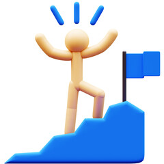 3D Illustration of a stick figure climbing stairs to reach a flag, symbolizing success, achievement, and goal completion on a blue staircase.