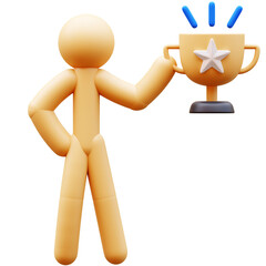 3D Illustration of a cartoon character holding a golden trophy with a star. Concept for success, achievement, victory and reward.