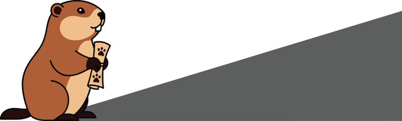 Cute groundhog holding paw print papers in front of large grey triangle