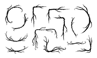 Thorn vine frames and borders vector set. Black twisted thorn branches, barbed stems, creepy patterns. Isolated design elements for tattoos, gothic art, religious symbols. © Konstantin