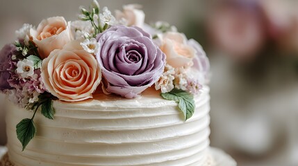 Close-up detail of a white wedding cake decorated with pastel peach and purple fondant roses and textured buttercream frosting in elegance.