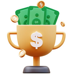 3D Illustration of Golden trophy cup with dollar sign, money bills and coins flying around. Concept of financial success, winning prize, bonus or cash reward. Isolated.
