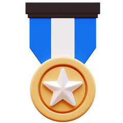 3D Illustration of a Gold Medal with White Star and Blue Ribbon, Award, Achievement, Reward, Success, First Place, Competition, Isolated on White Background
