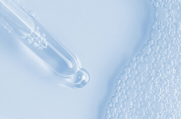 Bubbles of body gel or soap foam or shaving gel. Cosmetic skin care product. Closeup. Copy space