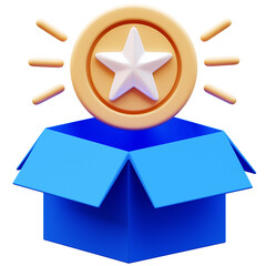 3D Illustration of a blue open box with a golden coin and a white star on it, concept of reward, bonus, gift, prize, special offer, loyalty program