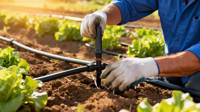 Worker connecting tubing and emitters for a sustainable drip irrigation layout in a sunny vegetable garden environment.
