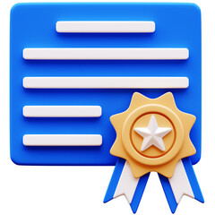 3D Illustration of Diploma or Certificate with Gold Star Seal and Ribbons, graduation achievement, award, education success, blue background, minimalist design