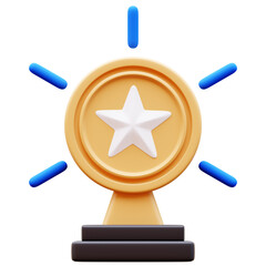 3D Illustration of a golden award trophy with a white star in the center, shining with blue light rays. Symbol of success, achievement, and recognition.