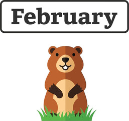 Cute brown bear sitting in grass February calendar icon
