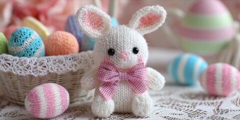 Close up of woven straw rabbit with checkered pink ribbon for Easter greeting card design