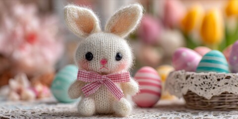 Soft focus Easter still life with artisanal bunny mascot and pastel colored eggs