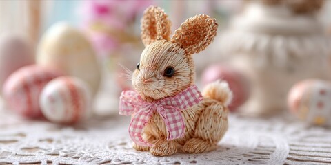 Cute rustic wicker rabbit figurine for Easter holiday decoration with blurred eggs