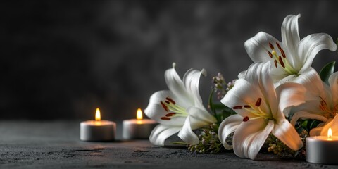 Sympathy and condolence concept with elegant lilies and candlelight in the dark