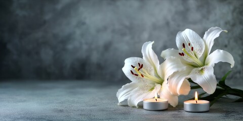 Peaceful funeral background with white blossoms and glowing candles for mourning