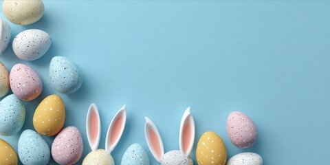 Creative Easter composition with row of eggs and bunny ears on blue flat lay background