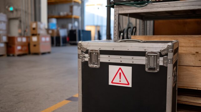 Equipment Setup for Stage with Warning Sign in Warehouse Environment