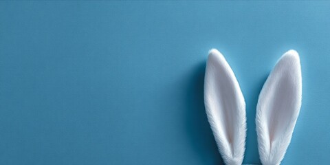Fluffy white rabbit ears in torn hole of blue wall representing spring surprise and Easter hunt