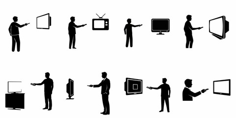 A set of black silhouette icons depicting men using remote controls to interact with various television sets, showcasing technology evolution.