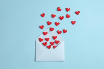Valentine day greeting card design with envelope and flying hearts on blue surface