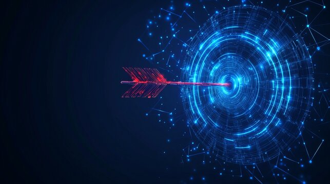 A futuristic arrow hitting the center of a glowing blue target surrounded by digital elements. - Powered by Adobe