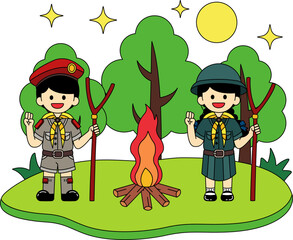 Two children in Boy Scouts uniforms are standing next to a fire