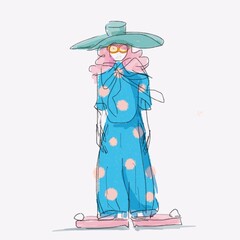 A girl in a blue dress, glasses, and a hat. Fashion illustration on a light background. Hand drawn.