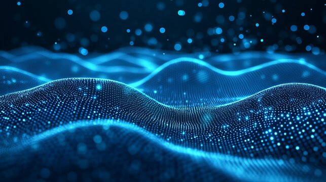 A 3D rendered abstract digital wave pattern with blue glowing dots and lines in a dark futuristic background - Powered by Adobe