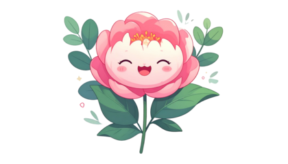 A cheerful cartoon flower with pink petals, green leaves, and a happy face