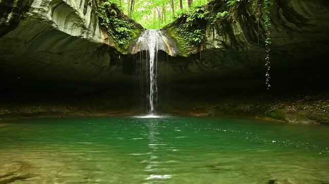 A serene waterfall cascades into a vibrant green pool within a rocky grotto