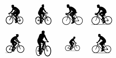 Fototapeta premium Collection of eight male cyclist silhouettes riding bicycles, representing sports, fitness, commuting, and outdoor recreation against a white background.