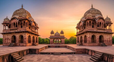 The royal cenotaphs of historic rulers, also known as Jaisalmer Chhatris, at Bada Bagh in Jaisalmer, Rajasthan, India. Cenotaphs made of yellow sandstone at ..