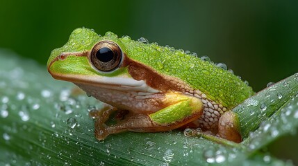 Obraz premium Close-up macro shot of a vibrant green tree frog resting on a wet green leaf with water droplets glistening against a soft green background.