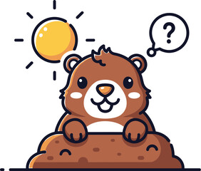 Cute cartoon bear thinking under sunny weather conditions happily