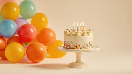 Colorful Birthday Cake with Lit Candles and Festive Balloons