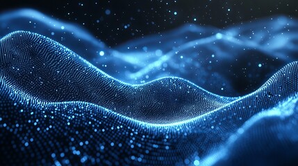 Abstract digital wave pattern with glowing blue light particles against a dark background