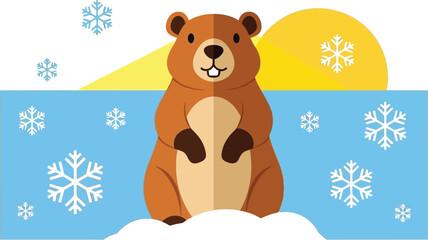 Cute bear in snowy scene with sunny background