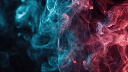 Vibrant teal and reddish pink smoke clouds swirling elegantly on an isolated dark black background