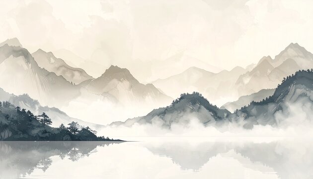Elegant Asian Ink Wash Mountain Background with Misty Depth