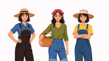 Three female farmers in overalls and hats, presented as a charming vector illustration for agricultural themes