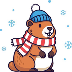Cute groundhog in winter clothes smiling amidst snowflakes