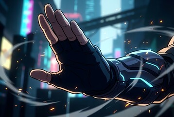 Cybernetic Hand in Neon-Lit Cityscape with Dynamic Energy Trails.