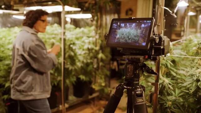 Medium shot capturing digital twindriven pot elevation system replicating realtime plant growth scenarios to achieve precise height adjustments in a controlled setting.