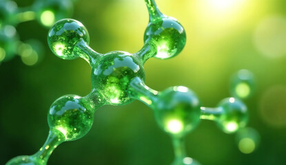 Green molecular structure on bokeh background. Abstract 3D rendering of molecular structure.