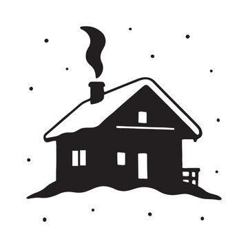 Cozy Silhouette of a Snow-Covered House on a Winter Night with Falling Snowflakes