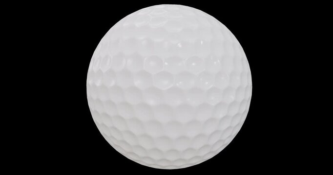Seamless looping American golf ball with hexagonal dimples isolated vertical axis rotation footage with alpha channel (Prores, 4K).  3D FX animation.
