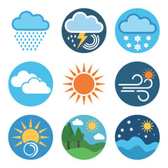 Clean and modern weather forecast icon set featuring rainy, stormy, snowy, cloudy, sunny, and windy conditions. Includes day and night variations for summer and winter themes. Designed in a minimal 