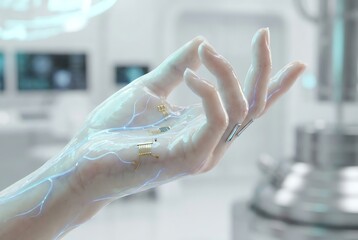 Futuristic Human Hand with Glowing Veins in a High-Tech Medical Environment.
