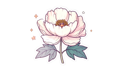 A delicate peony illustration with white petals, green leaves, and sparkling accents
