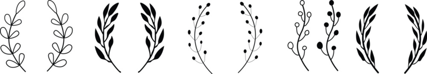Naklejka premium Elegant botanical leaf and branch border collection in minimal line art style
